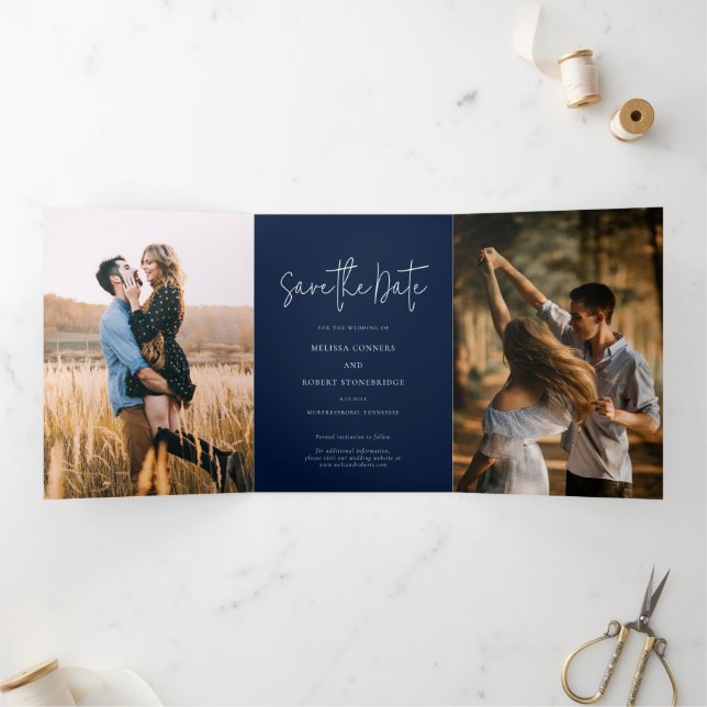 Photo Script Navy Blue Wedding Save The Date Card (Inside)