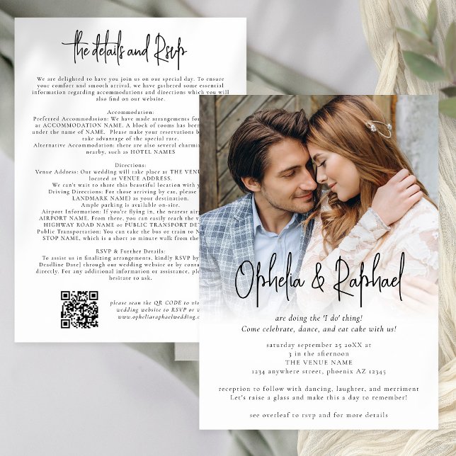 Photo Script QR Details RSVP Wedding All In One Invitation (Front and back view)