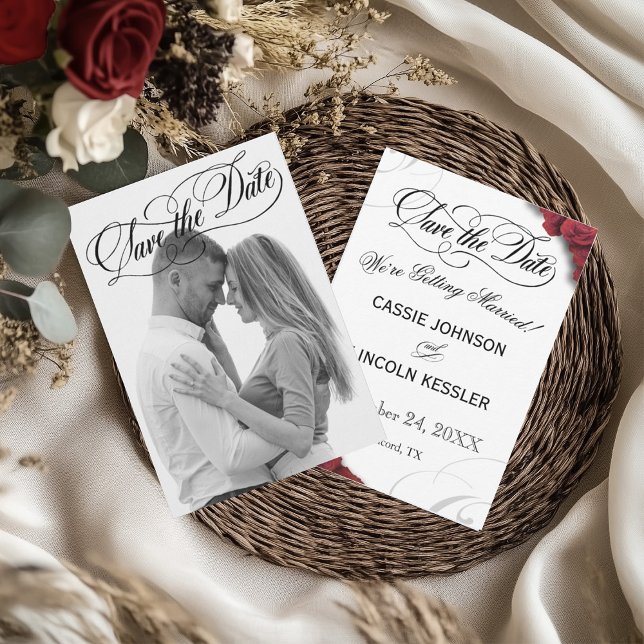 Photo Script Typography Red Roses  Save The Date (Red Roses Save the Date with Photo and Script)