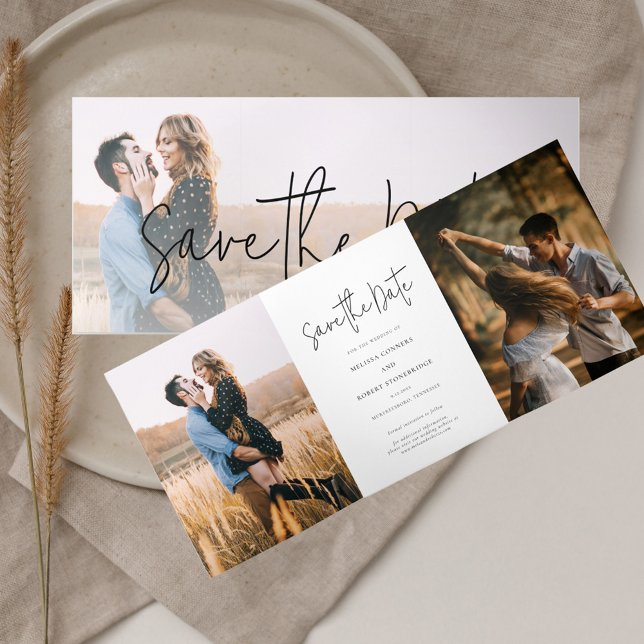 Photo Script Wedding Save The Date Card (Save the Date All in One Trifold Photo Collage Announcement Card)