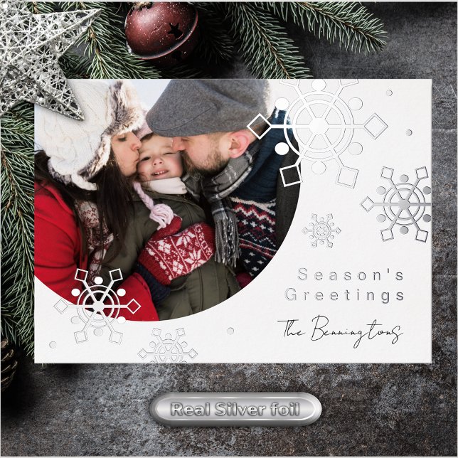 Photo Season's Greetings Snowflakes Foil Holiday Card (Creator Uploaded)