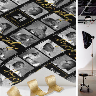 Photo Sequence Any Age Birthday Collage Black Gold Wrapping Paper