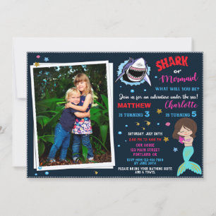 Photo Shark Mermaid birthday invitation Pool party