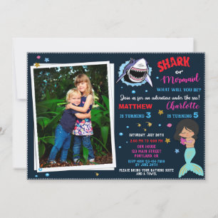 Photo Shark Mermaid birthday invitation Pool party