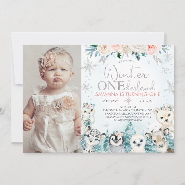 Photo Silver Arctic Winter Onederland Birthday Invitation (Front)