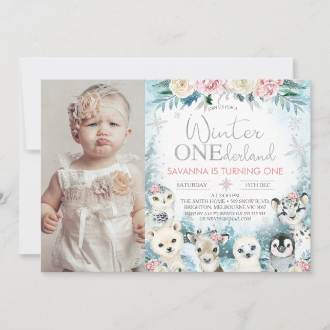 Photo Silver Arctic Winter Onederland Birthday Invitation (Front)