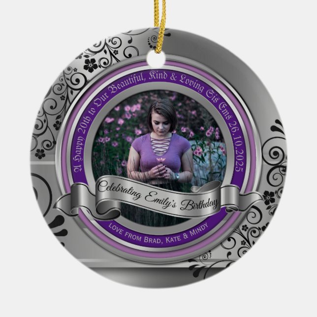 Photo Silver Black Flourish Elegant Banner Purple Ceramic Ornament (Front)