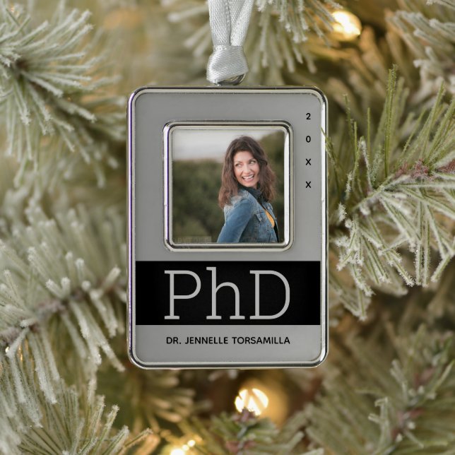Photo Silver Black Name PhD Graduation Silver Plated Framed Ornament (Tree)