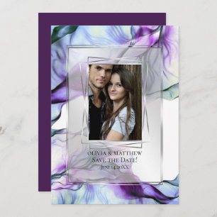 Photo Silver Frame Abstract Plum Teal Flowing Ink Invitation