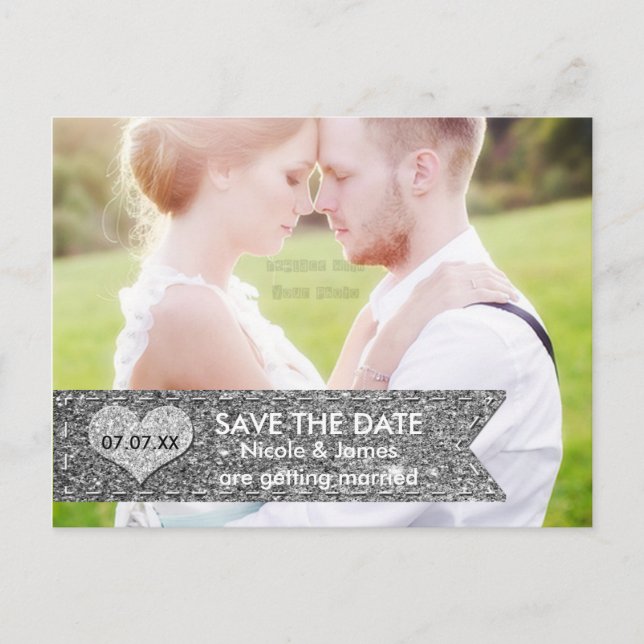 PHOTO Silver Glitter Banner SAVE THE DATE Postcard (Front)