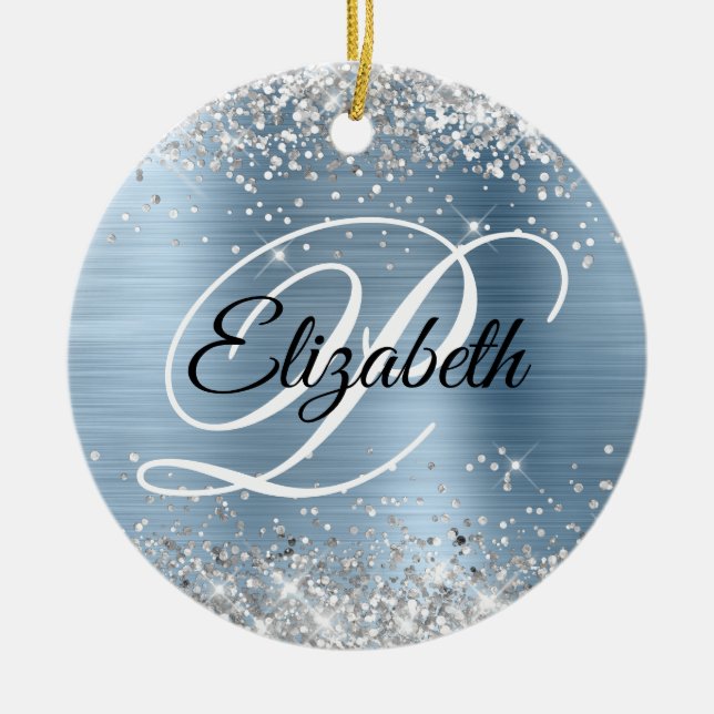 Photo Silver Glitter Light Blue Foil Monogram Ceramic Ornament (Front)