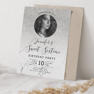 PHOTO Silver Glitter Marble Sweet 16 Party Invitation