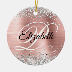 Photo Silver Glitter Rose Gold Foil Fancy Monogram Ceramic Ornament
