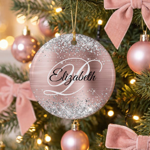 Photo Silver Glitter Rose Gold Foil Fancy Monogram Ceramic Ornament