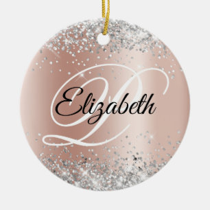 Photo Silver Glitter Rose Gold Shimmer Monogram Ceramic Ornament