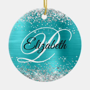 Photo Silver Glitter Turquoise Blue Foil Monogram Ceramic Ornament