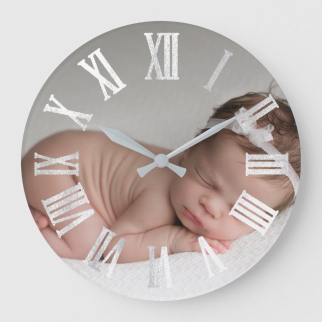 Photo Silver Grey Grey Baby Shower Gift Girl Boy Large Clock (Front)