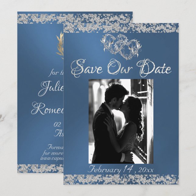 Photo, Silver Hearts & Glitter - Blue Save The Date (Front/Back)