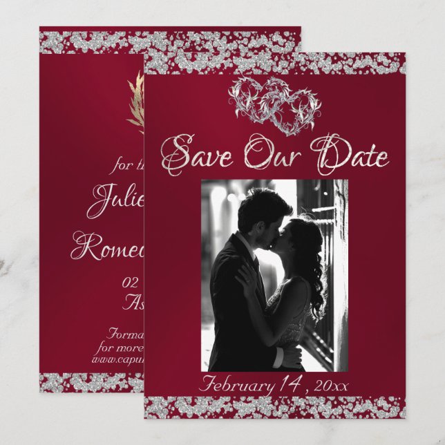 Photo, Silver Hearts & Glitter - Burgundy Save The Date (Front/Back)