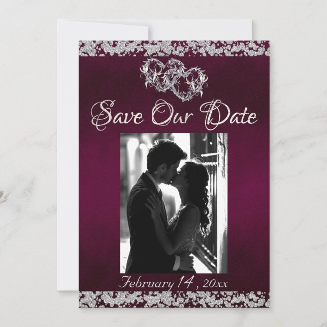 Photo, Silver Hearts & Glitter - Purple Save The Date (Front)