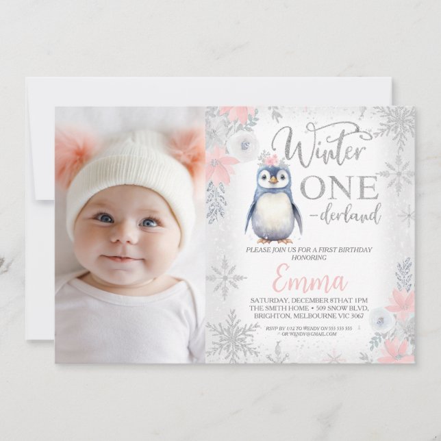 Photo Silver Penguin Winter Onederland Birthday Invitation (Front)