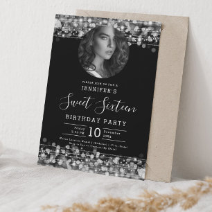 PHOTO Silver Sparkles Sweet 16 Birthday Party Invitation