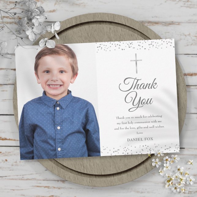 Photo Silver Stardust First Holy Communion Thank You Card (Creator Uploaded)