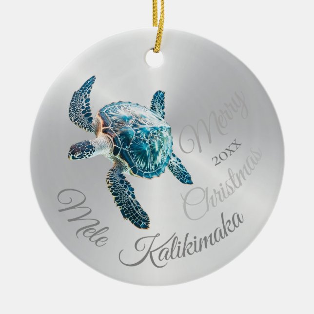 PHOTO Silver Turtle | Mele Kalikimaka | Ceramic Ornament (Front)
