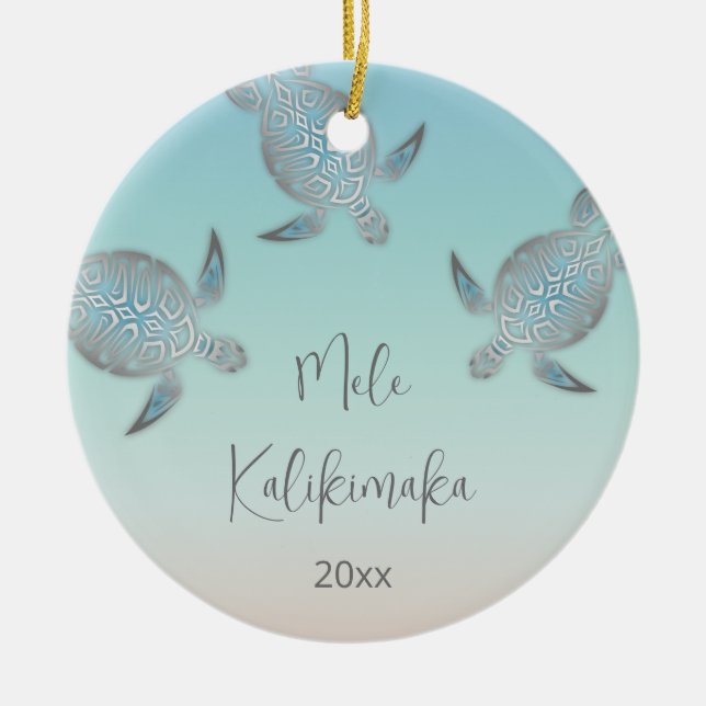 PHOTO Silver Turtles  | Mele Kalikimaka  Ceramic Ornament (Front)