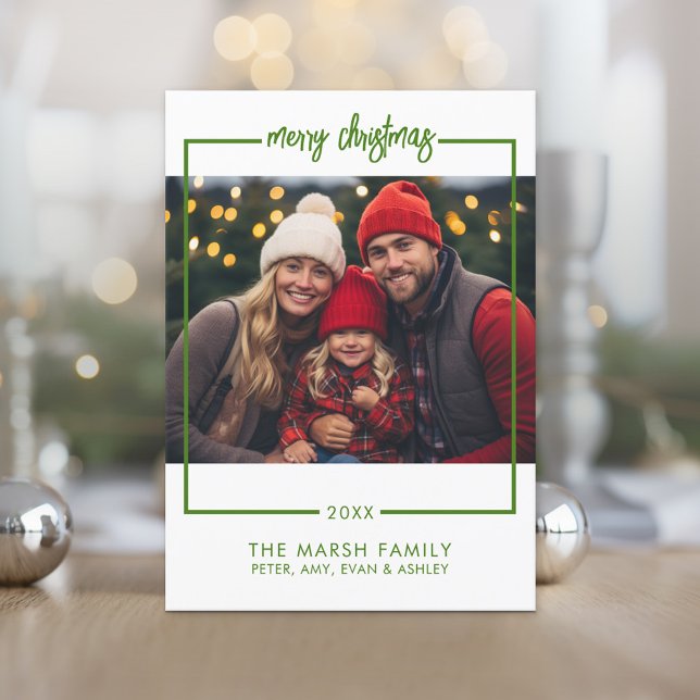 Photo Simple Frame - Minimal Merry Christmas green Holiday Card (Photo Christmas Card)