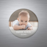 Photo & Simple White Text Modern Minimal Keepsake Magnet<br><div class="desc">Give the gift of special memories with a stylish custom photo round magnet. This template is set up for a baby, but is simple to personalise with any wording such as a pet's name, family last name, wedding couple's monogrammed initials, or favourite quote. The colours, font styles and overlay opacity...</div>