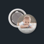 Photo & Simple White Text Modern Minimal Keepsake Magnet<br><div class="desc">Give the gift of special memories with a stylish custom photo round magnet. This template is set up for a baby, but is simple to personalise with any wording such as a pet's name, family last name, wedding couple's monogrammed initials, or favourite quote. The colours, font styles and overlay opacity...</div>