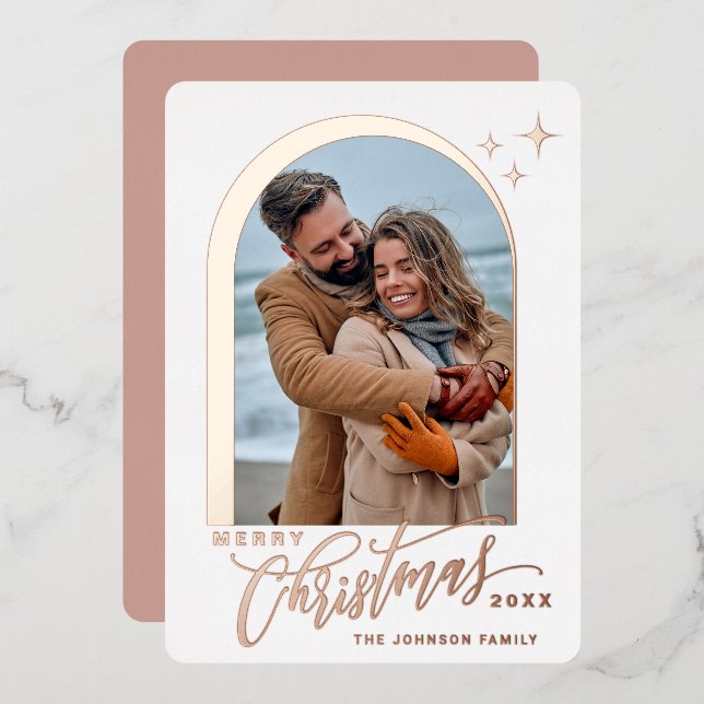 PHOTO Simply Elegant Sparkle Christmas Rose Gold Foil Holiday Card (Front/Back)
