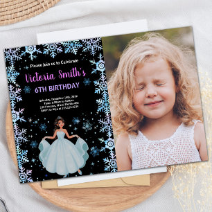 Photo Snow Purple Floral Princess Birthday Invitation