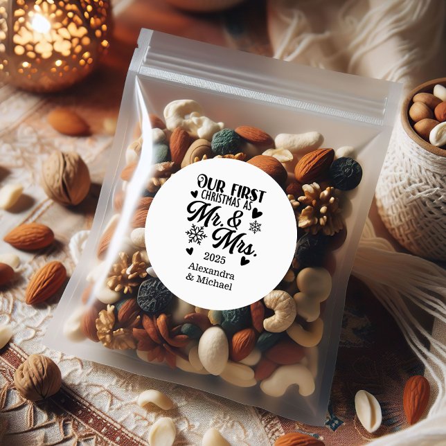 Photo Snowflakes Christmas Mr and Mrs  Classic Round Sticker (Creator Uploaded)