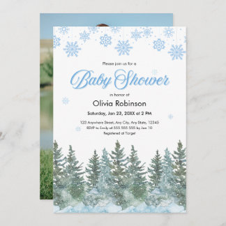 Photo Snowflakes Pine Trees Winter Baby Shower Invitation