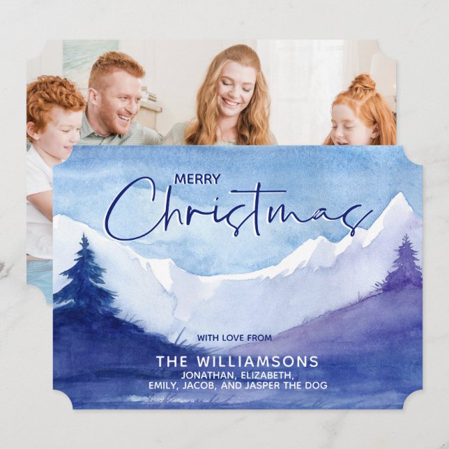 Photo Snowy Mountains Merry Christmas Holiday Card (Front/Back)