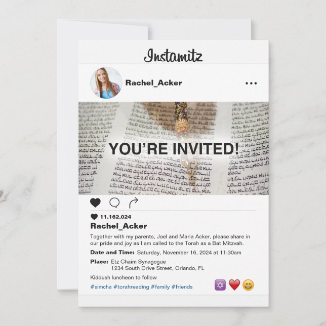 Photo Social Media Bat Mitzvah or Bar Mitzvah Invitation (Front)