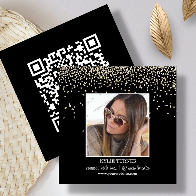 Photo | Social Media | Black Glitter | QR Code   Square Business Card (Creator Uploaded)