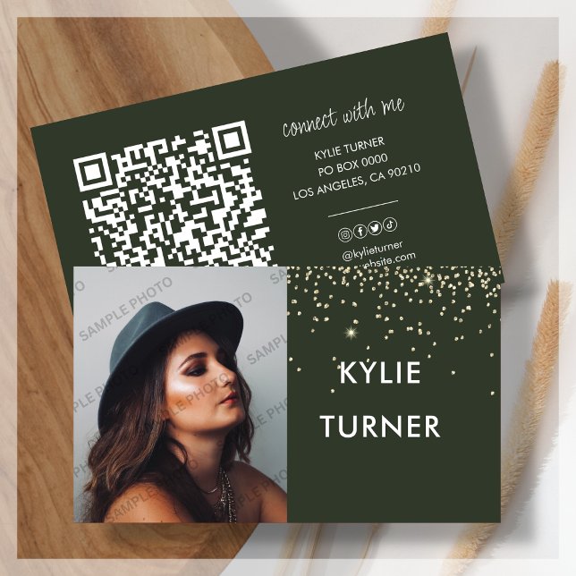 Photo Social Media Emerald Gold Glitter QR Code   Business Card (Creator Uploaded)