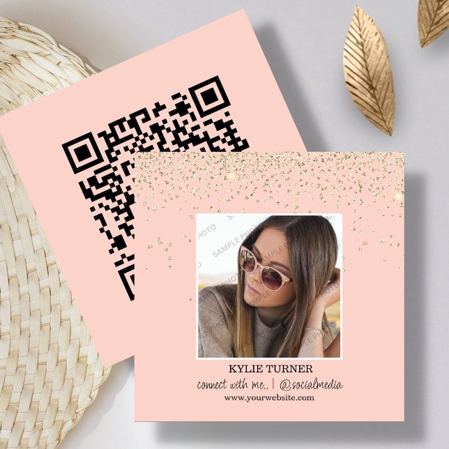 Photo | Social Media | Peach Glitter | QR Code   Square Business Card (Creator Uploaded)
