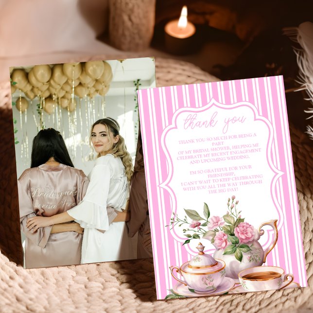 Photo Soft Pink Floral Tea Bridal Shower  Thank You Card (Creator Uploaded)