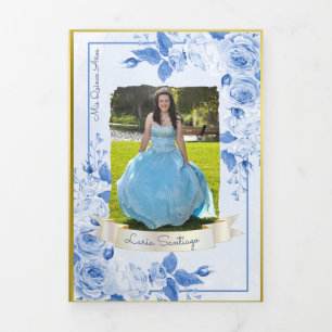 Photo Spanish Light Blue Gold Roses Quinceanera Tri-Fold Invitation
