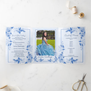 Photo Spanish Light Blue Roses Quinceanera Tri-Fold Invitation