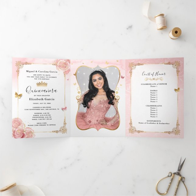 Photo Spanish Light Pink and Gold Quinceanera Tri-Fold Invitation (Inside)