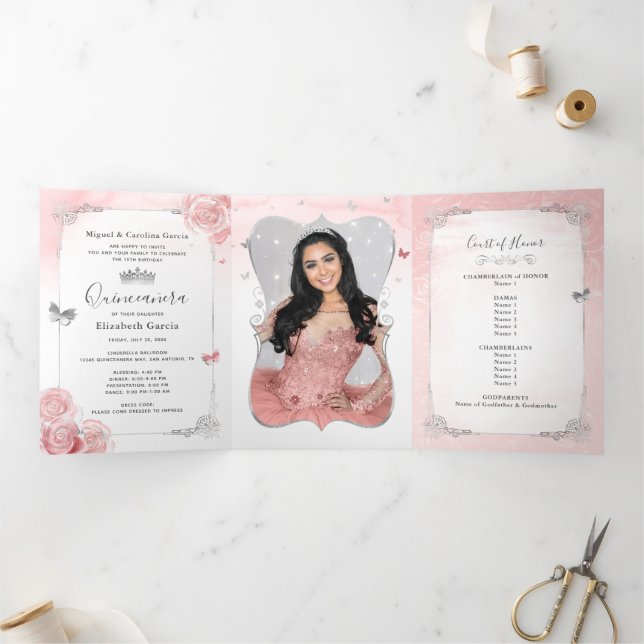 Photo Spanish Light Pink Silver Quinceanera Tri-Fold Invitation (Inside)