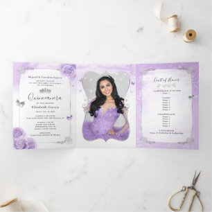 Photo Spanish Light Purple and Silver Quinceanera Tri-Fold Invitation