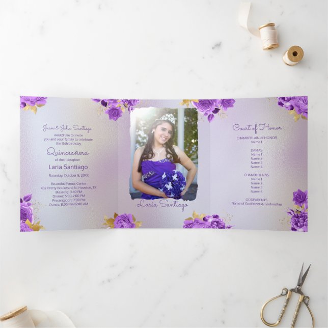 Photo Spanish Pearl and Purple Roses Quinceanera  Tri-Fold Invitation (Inside)