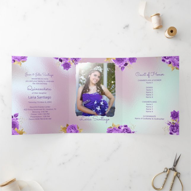 Photo Spanish Pearl and Purple Roses Quinceanera  Tri-Fold Invitation (Inside)
