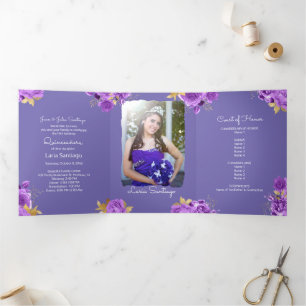 Photo Spanish Pink and Purple Roses Quinceanera Tri-Fold Invitation
